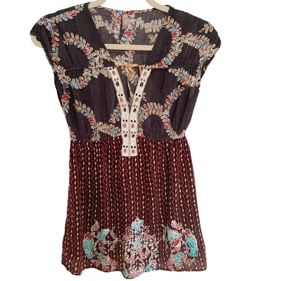 Free People Multicolor Print Boho V Neck Tunic Top Small - Picture 1 of 5